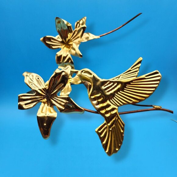 Vintage Mid Century Brass Hummingbird Wall Art Copper Floral Metal Sculpture - Picture 3 of 12